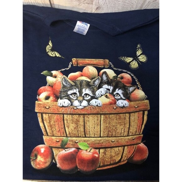 Jerzees Womens Large Sweatshirt Navy Blue Basket Kittens Cats Apples Butterflies - Picture 4 of 5